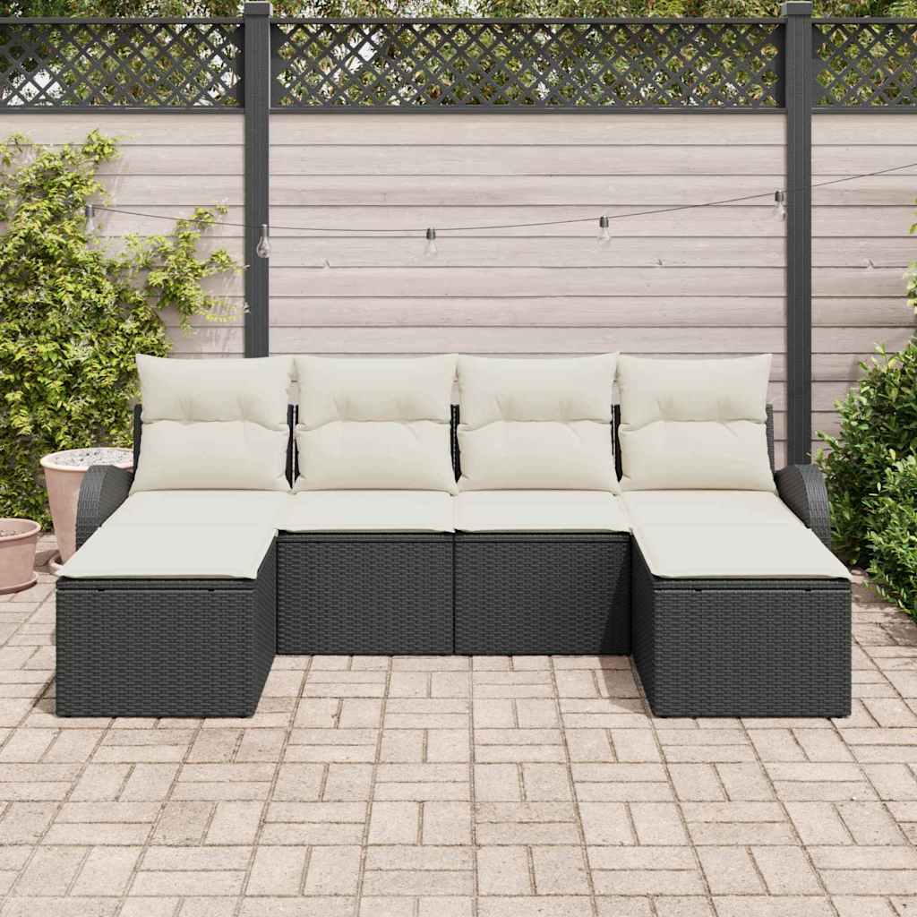 Garten-Sofa-Set mit Kissen 6 pcs Schwarz und Weiß Poly Rattan